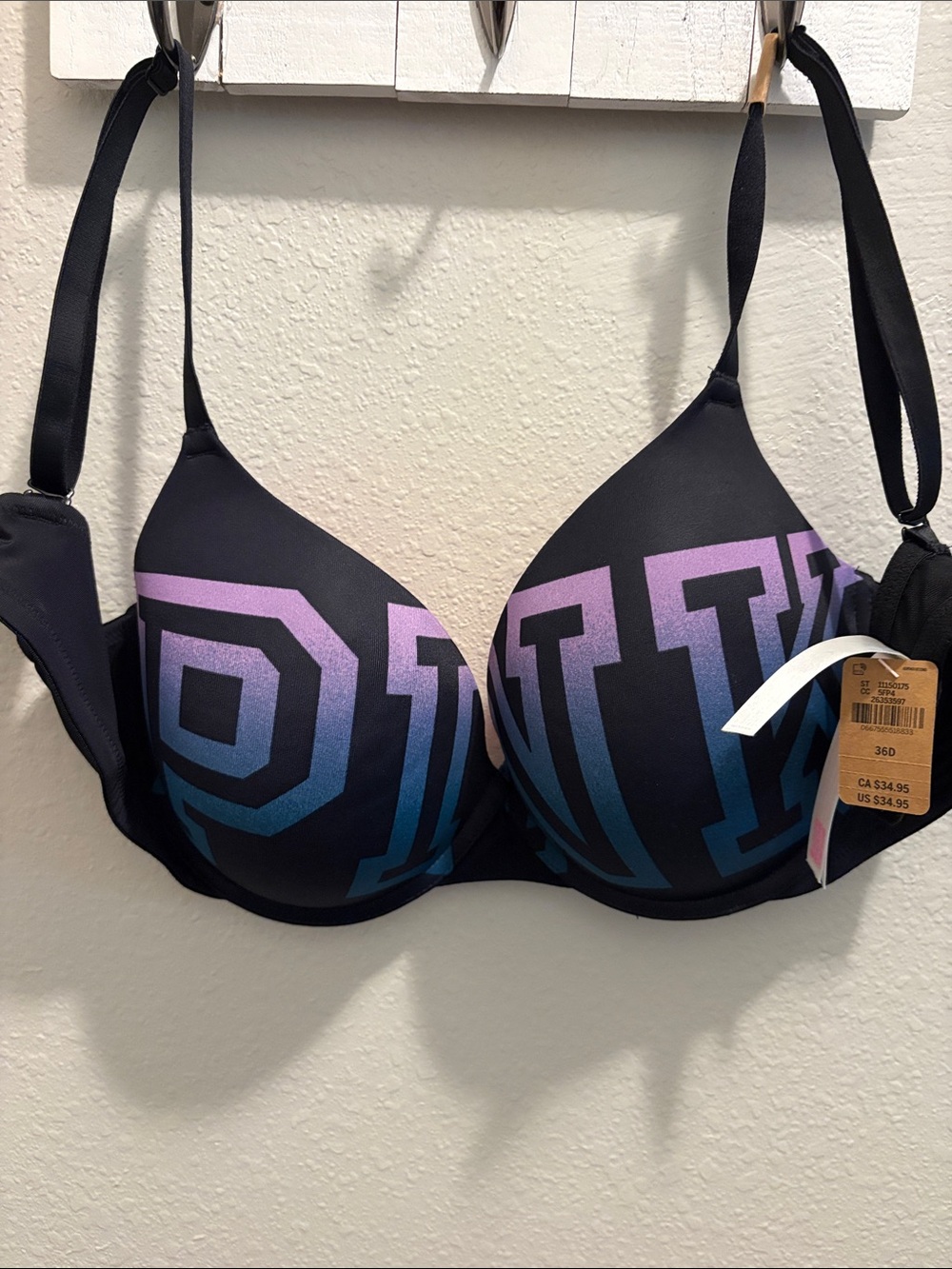 PINK Victoria's Secret Black Bra with Purple-to-Blue Ombre Logo